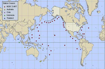 Map showing world-wide distribution of the DART tsunami warning bouys.
